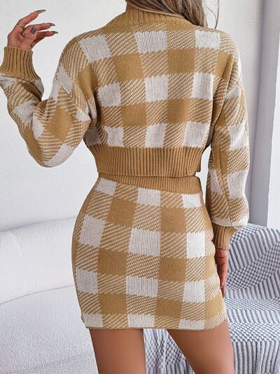 Plaid Round Neck Top and Skirt Sweater Set 4 colors
