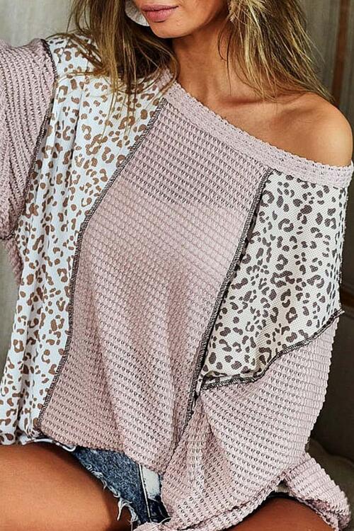 Leopard Exposed Seam Long Sleeve Blouse
