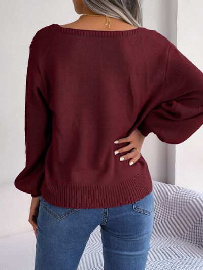 Cable-Knit Square Neck Long Sleeve Sweater 3 colors