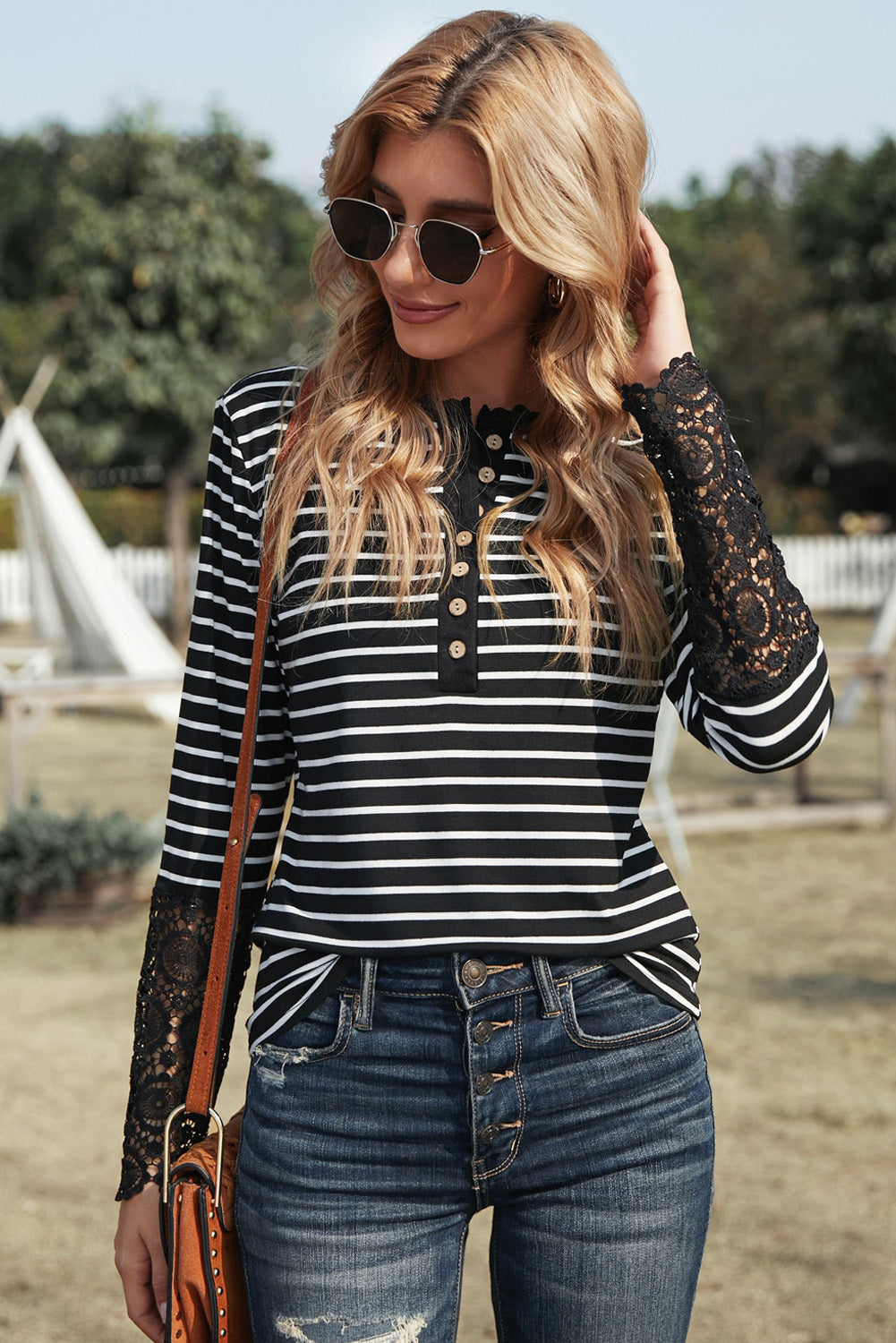 Striped Button-Up Lace Detail Long Sleeve Blouse