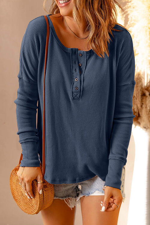 Waffle Knit Henley Long Sleeve Top 4 colors