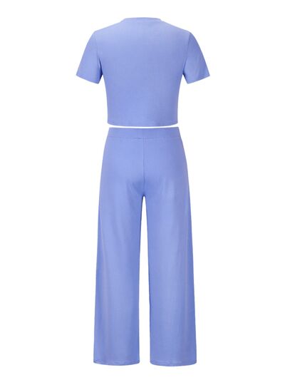 Round Neck Short Sleeve Top and Pocketed Pants Set 2 colors