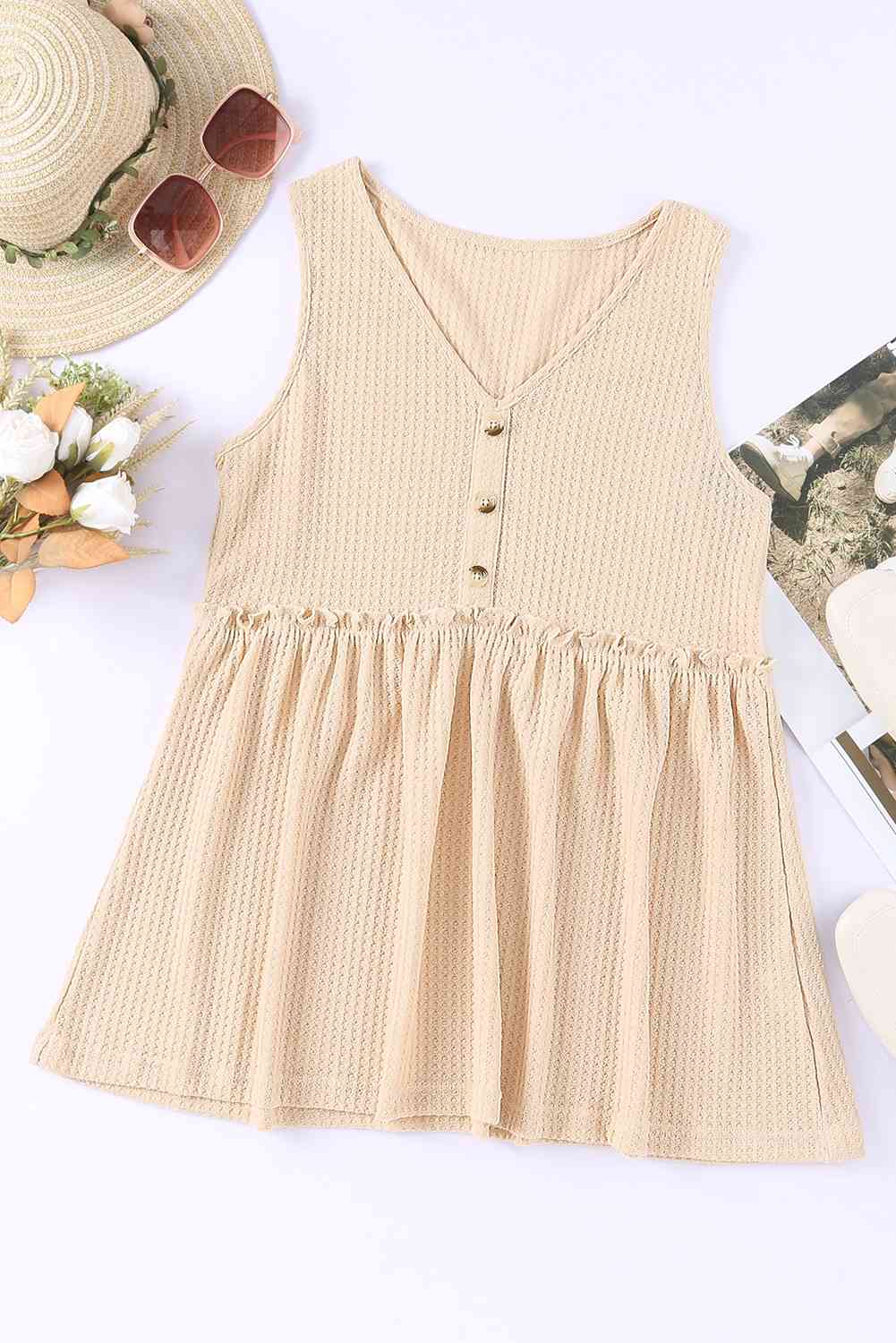 Decorative Button V-Neck Waffle-Knit Babydoll Tank