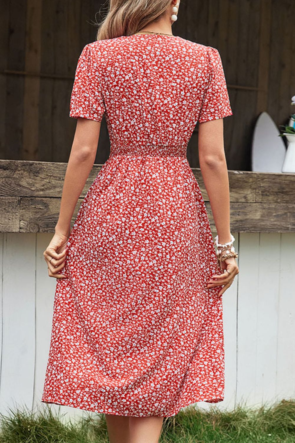 Ditsy Floral Button Front Tied Puff Sleeve Dress