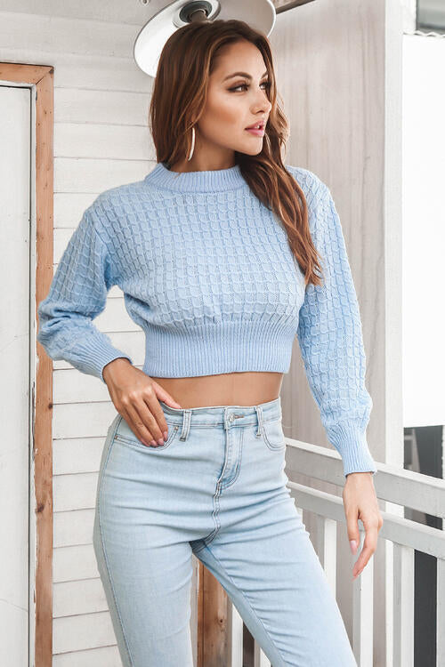 Round Neck Long Sleeve Cropped Sweater 3 colors