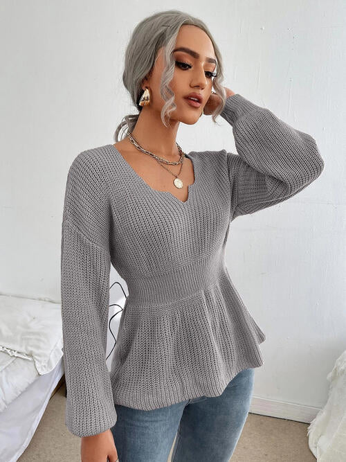 Notched Dropped Shoulder Knit Top 4 colors