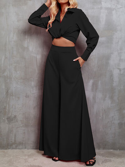 Collared Neck Long Sleeve Top and Wide Leg Pants Set