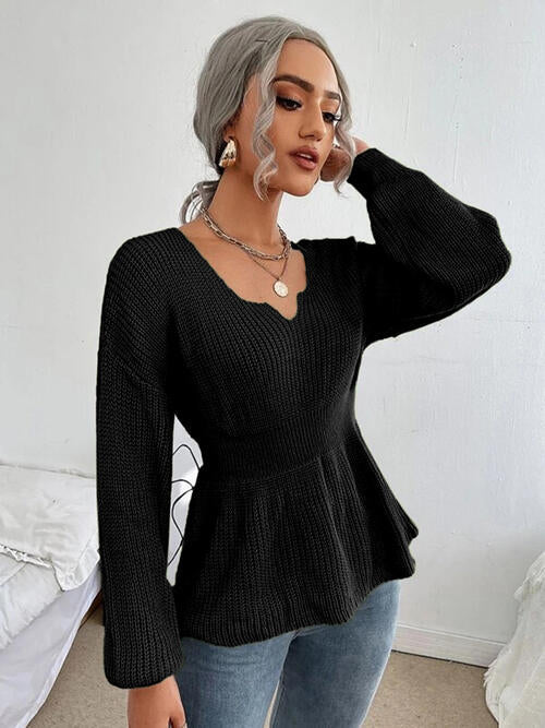 Notched Dropped Shoulder Knit Top 4 colors