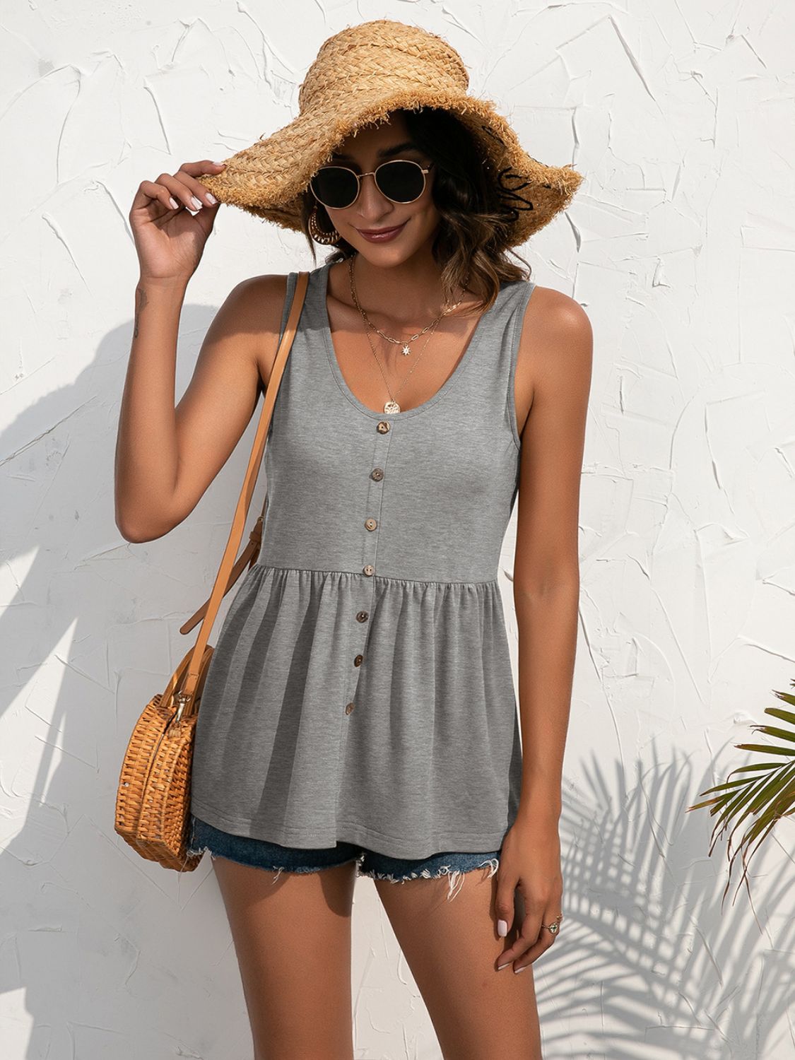 Decorative Button Scoop Neck Tank