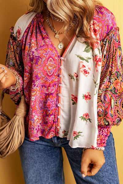 Plus Size Frill Printed V-Neck Long Sleeve Blouse