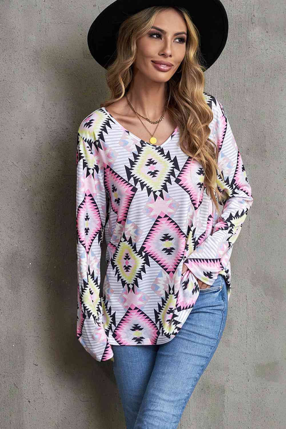 Geometric V-Neck Long Sleeve T-Shirt