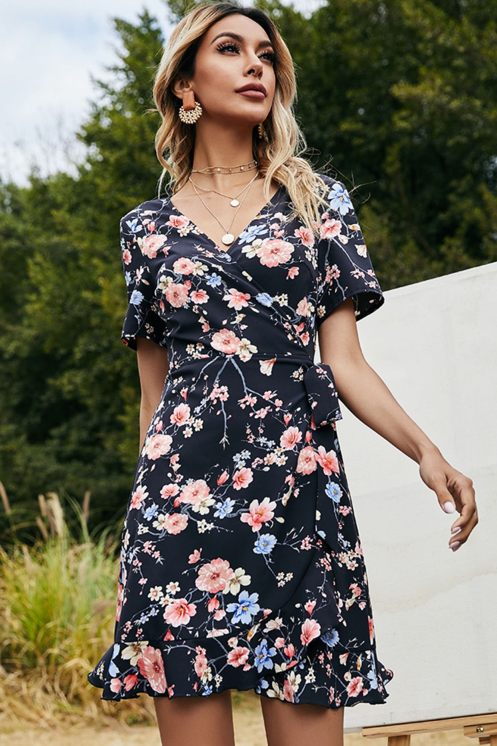 Floral Tied Ruffle Hem Surplice Dress