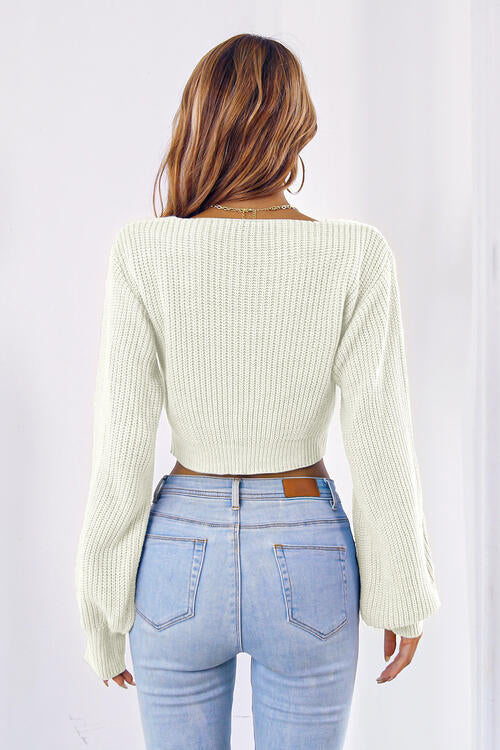 Bow V-Neck Long Sleeve Cropped Sweater 4 Colors