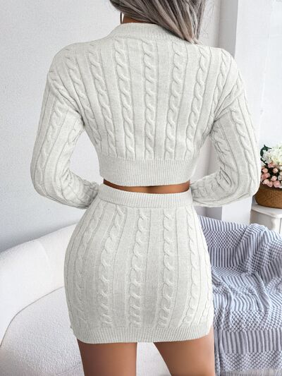 Cable-Knit Round Neck Top and Skirt Sweater Set 3 colors