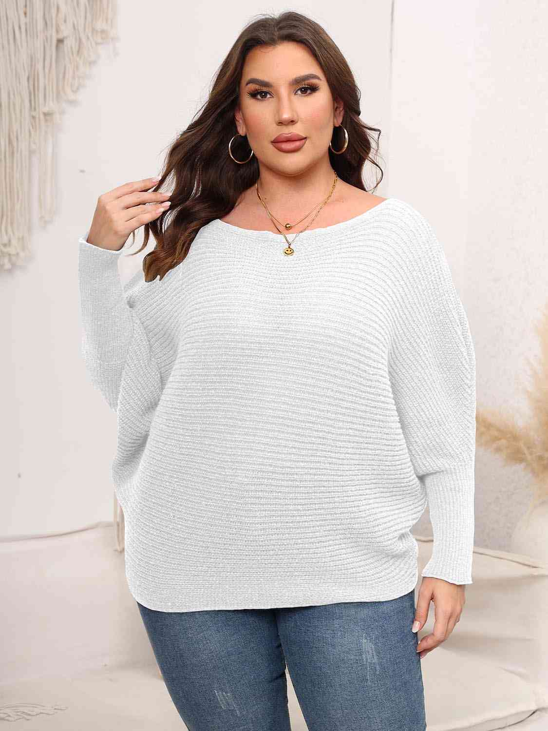 Full Size Boat Neck Batwing Sleeve Sweater 3 colors