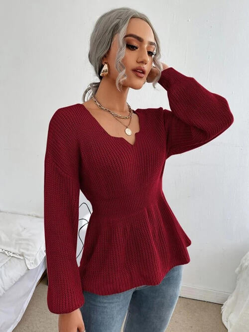 Notched Dropped Shoulder Knit Top 4 colors