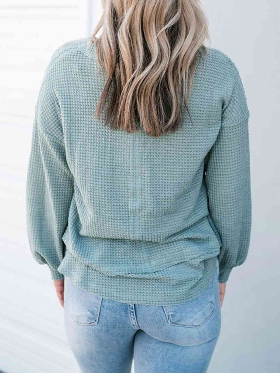 Waffle-Knit V-Neck Blouse with Breast Pocket