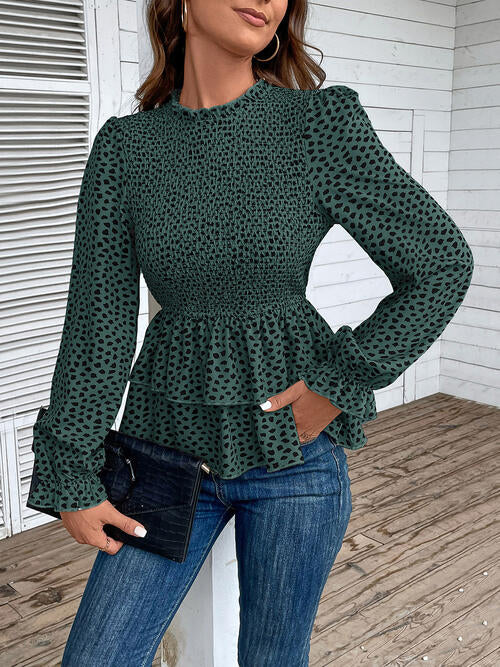 Printed Round Neck Smocked Flounce Sleeve T-Shirt 2 colors