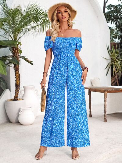 Smocked Printed Short Sleeve Jumpsuit