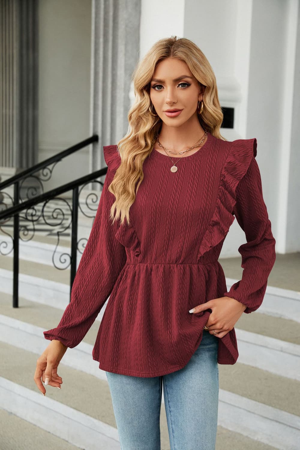 Round Neck Ruffled Peplum Blouse