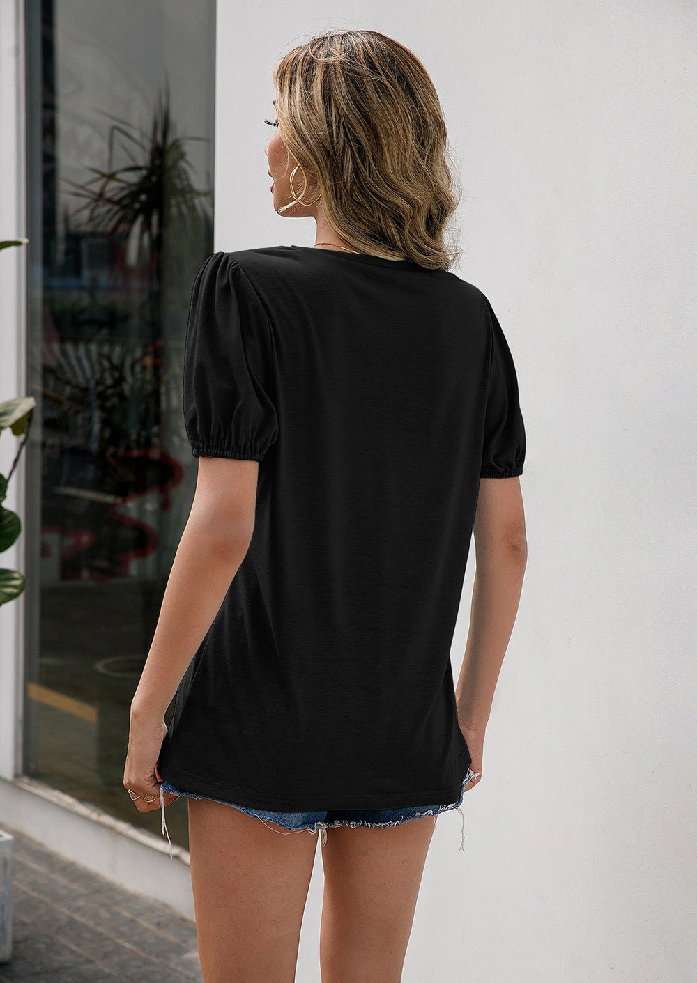 V-Neck Decorative Buttons Puff Sleeve Tee