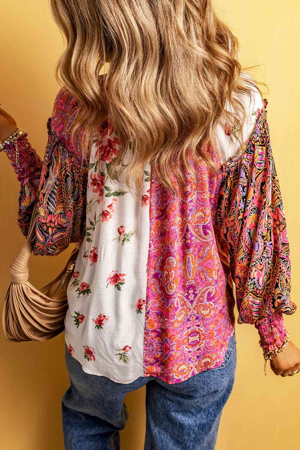 Notched Neck Lantern Sleeve Blouse