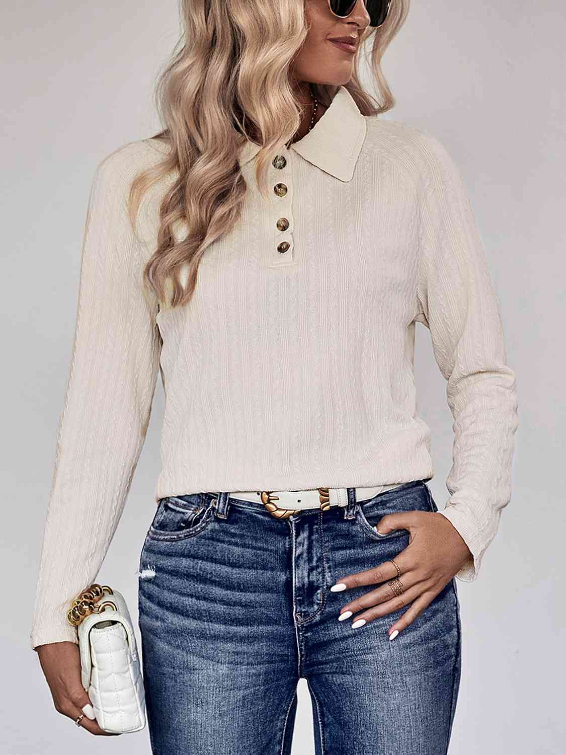 Collared Neck Buttoned Long Sleeve Top