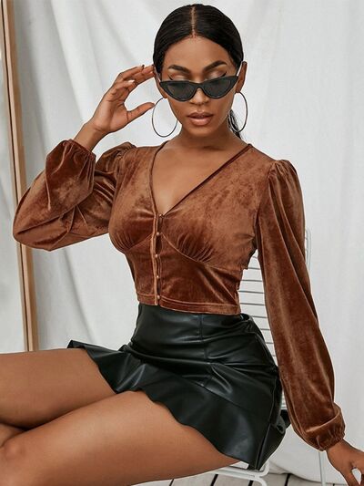 V-Neck Puff Sleeve Cropped Top