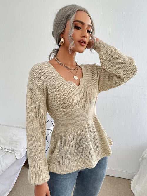 Notched Dropped Shoulder Knit Top 4 colors