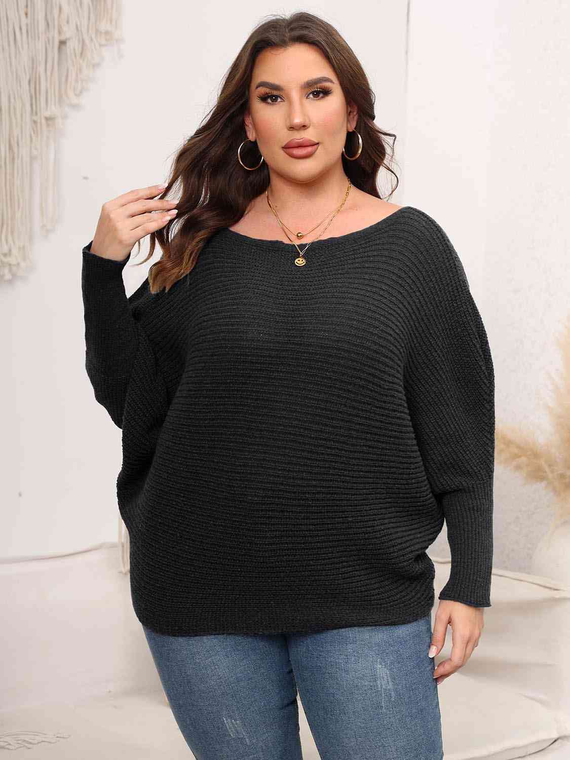 Full Size Boat Neck Batwing Sleeve Sweater 3 colors