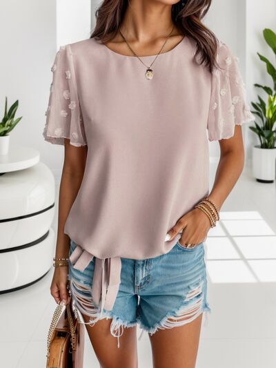 Swiss Dot Round Neck Short Sleeve Blouse