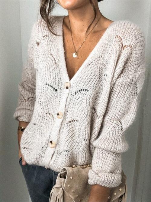 Openwork Button Up Long Sleeve Cardigan 3 colors