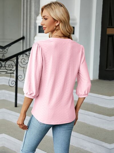 Textured Notched Three-Quarter Sleeve Blouse