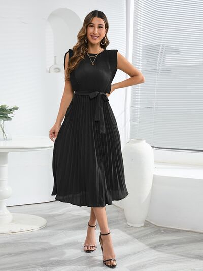 Tied Round Neck Pleated Midi Dress