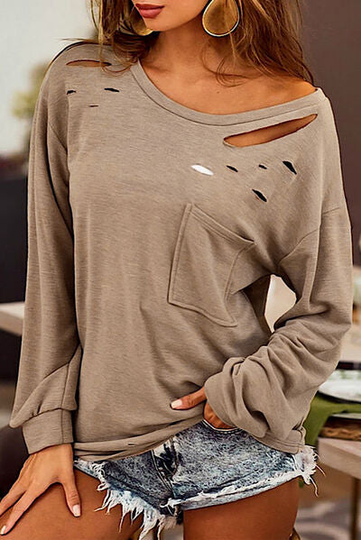 Distressed Pocketed Round Neck Long  Sleeve T-Shirt
