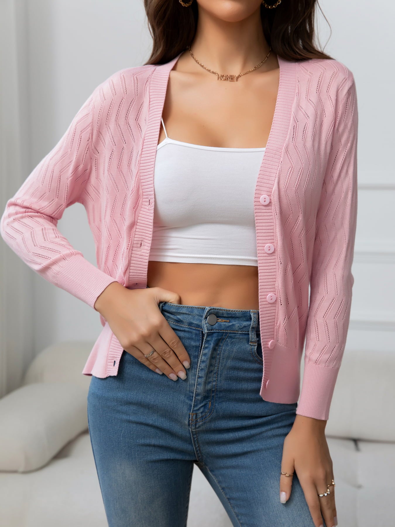 V-Neck Long Sleeve Buttoned Knit Top
