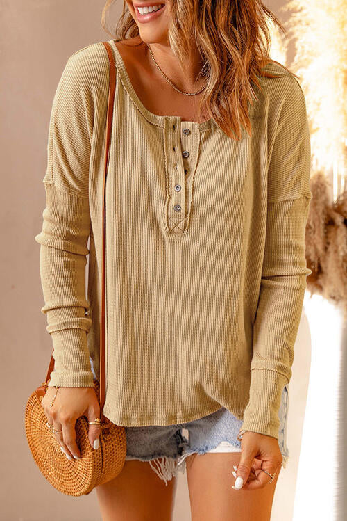 Waffle Knit Henley Long Sleeve Top 4 colors