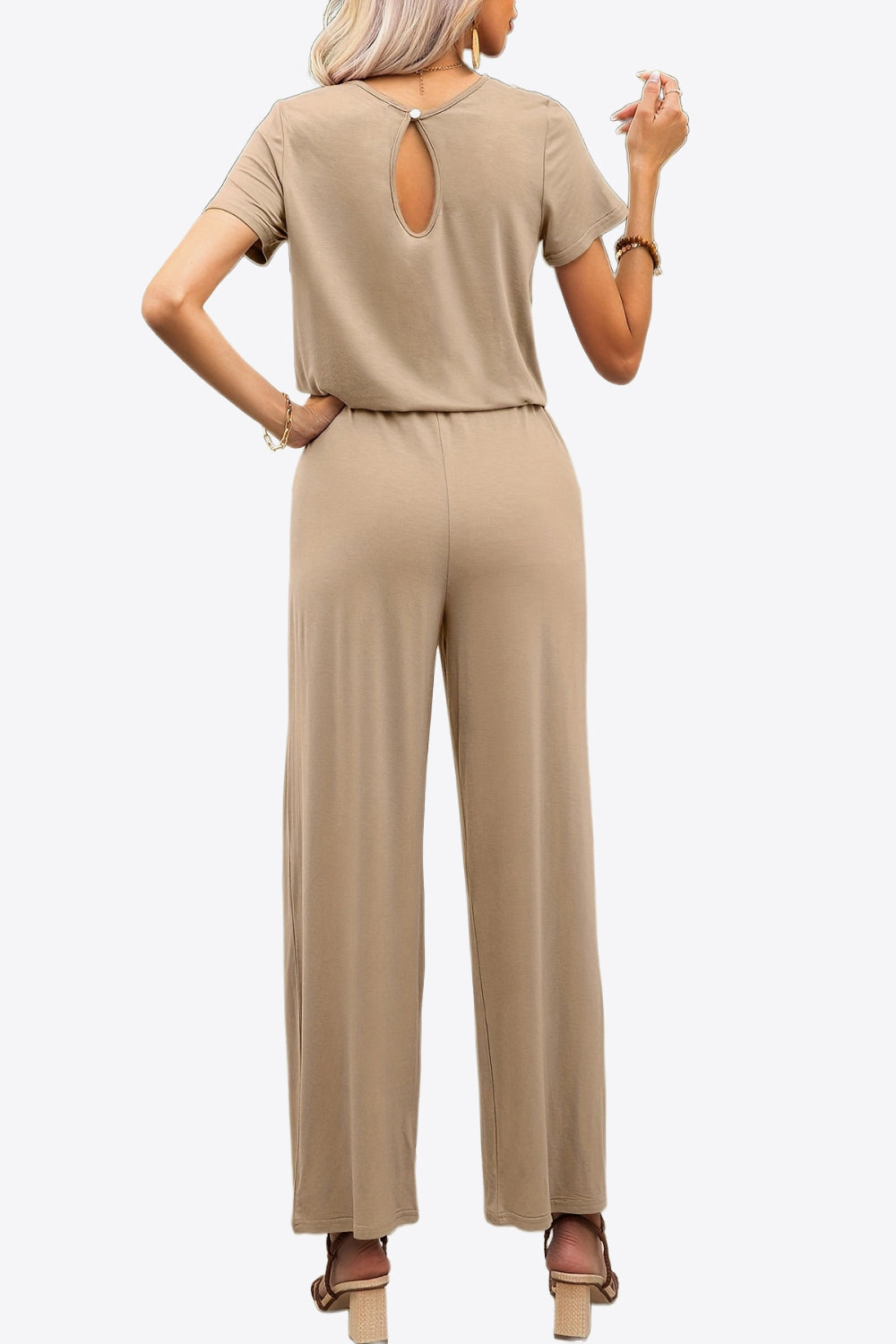 Round Neck Short Sleeve Jumpsuit with Pockets