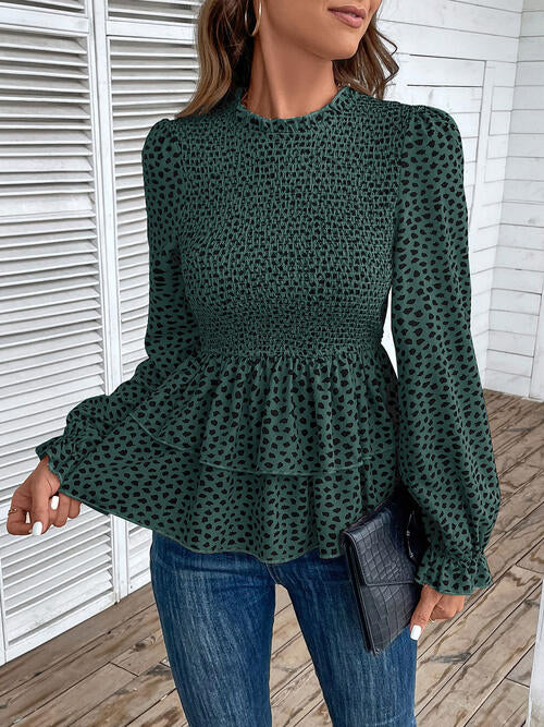 Printed Round Neck Smocked Flounce Sleeve T-Shirt 2 colors