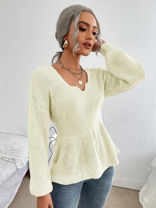 Notched Dropped Shoulder Knit Top 4 colors