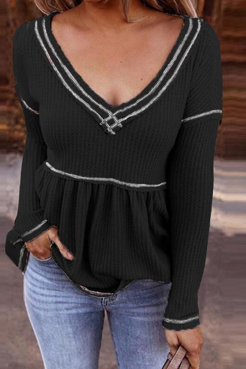 Black Waffle Baby Doll Top