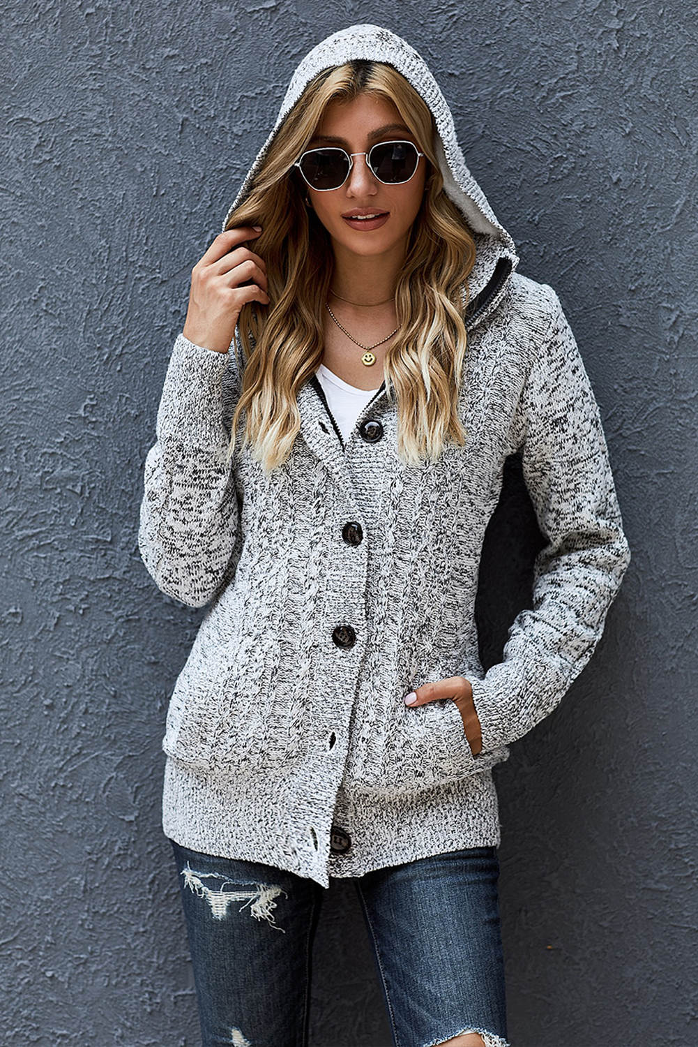 Cable-Knit Fleece Lining Button-Up Hooded Cardigan 10 colors