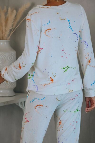 Splatter Print Round Neck Top and Drawstring Pants Set