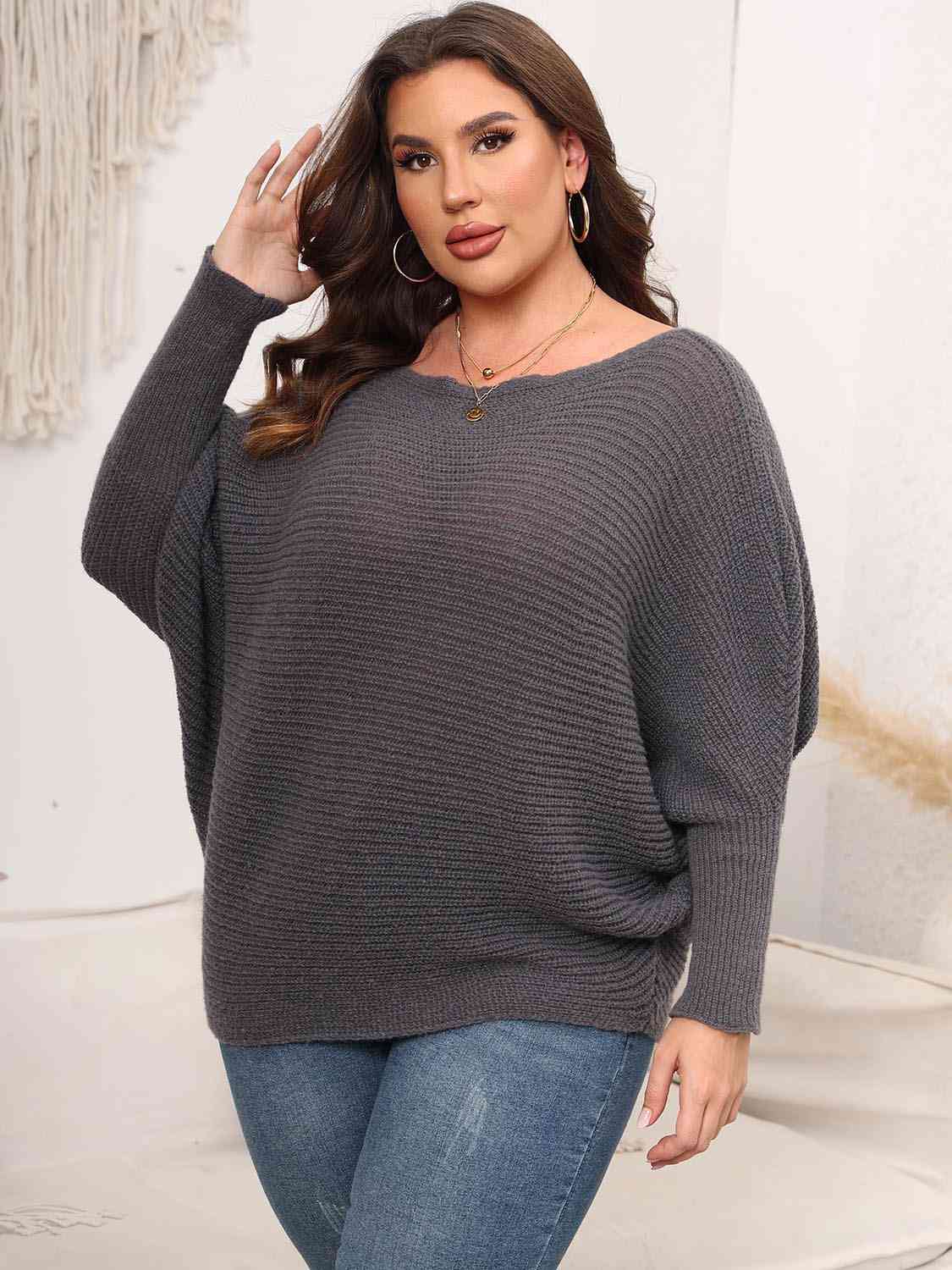 Full Size Boat Neck Batwing Sleeve Sweater 3 colors