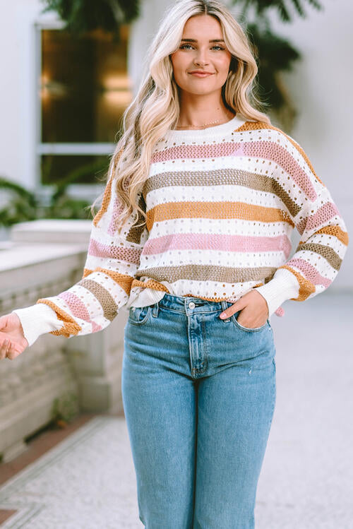 Openwork Striped Round Neck Long Sleeve Knit Top 2 colors