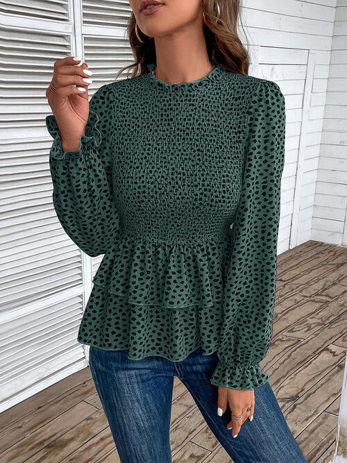 Printed Round Neck Smocked Flounce Sleeve T-Shirt 2 colors