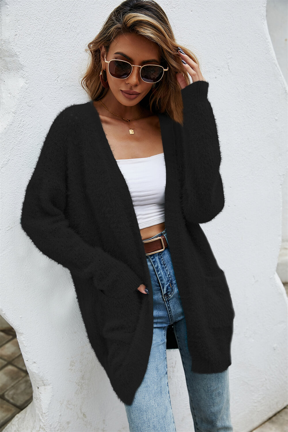 Waffle Knit Open Front Duster Cardigan With Pockets