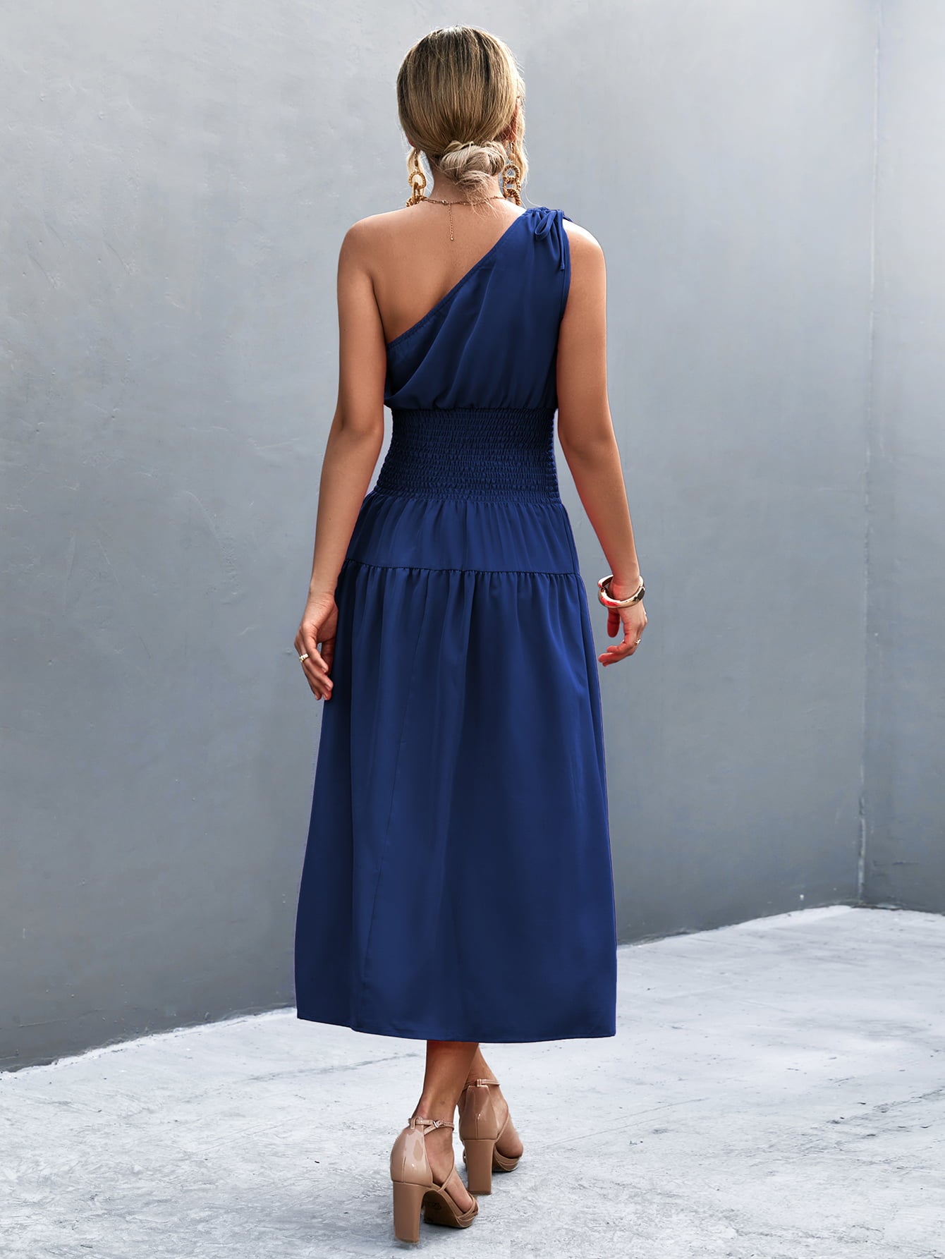 Asymmetrical One Shoulder Smocked Waist Midi Dress