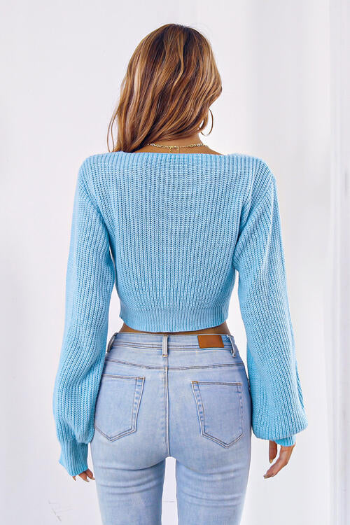 Bow V-Neck Long Sleeve Cropped Sweater 4 Colors