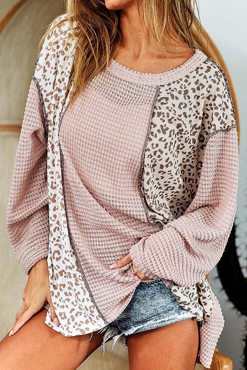 Leopard Exposed Seam Long Sleeve Blouse